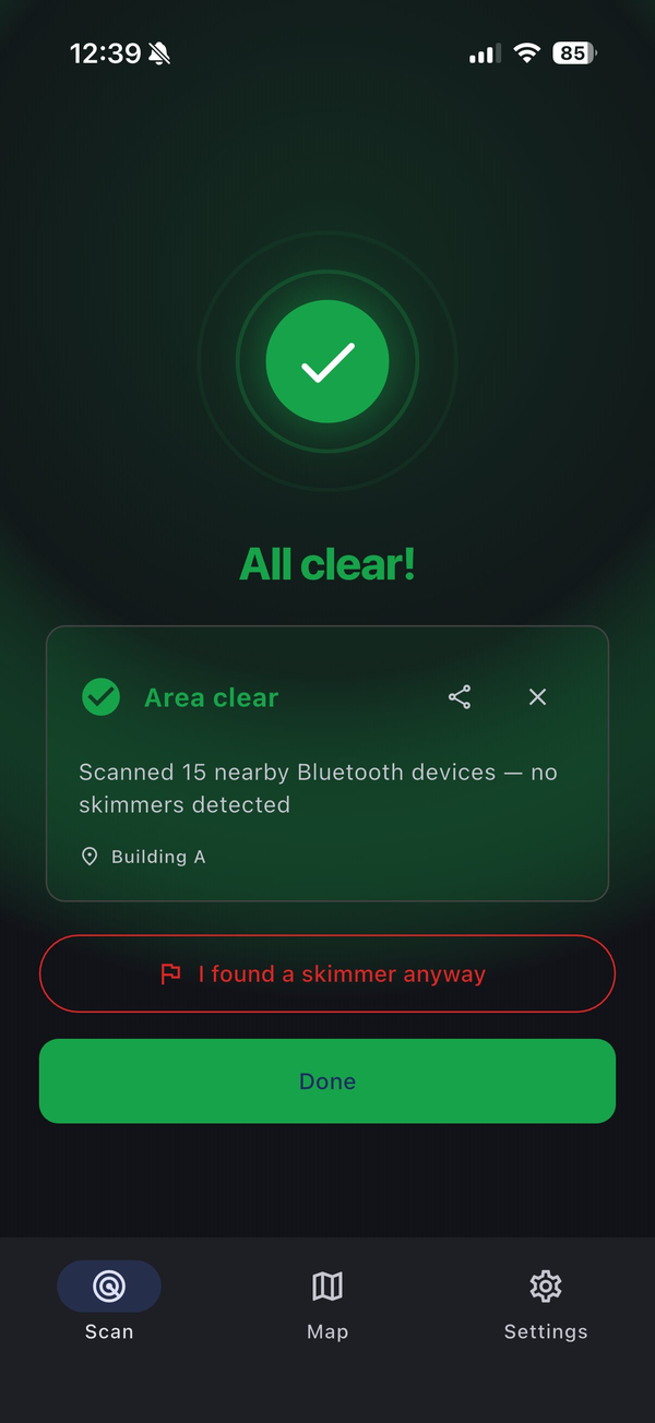 SkimGuard app showing an all-clear result